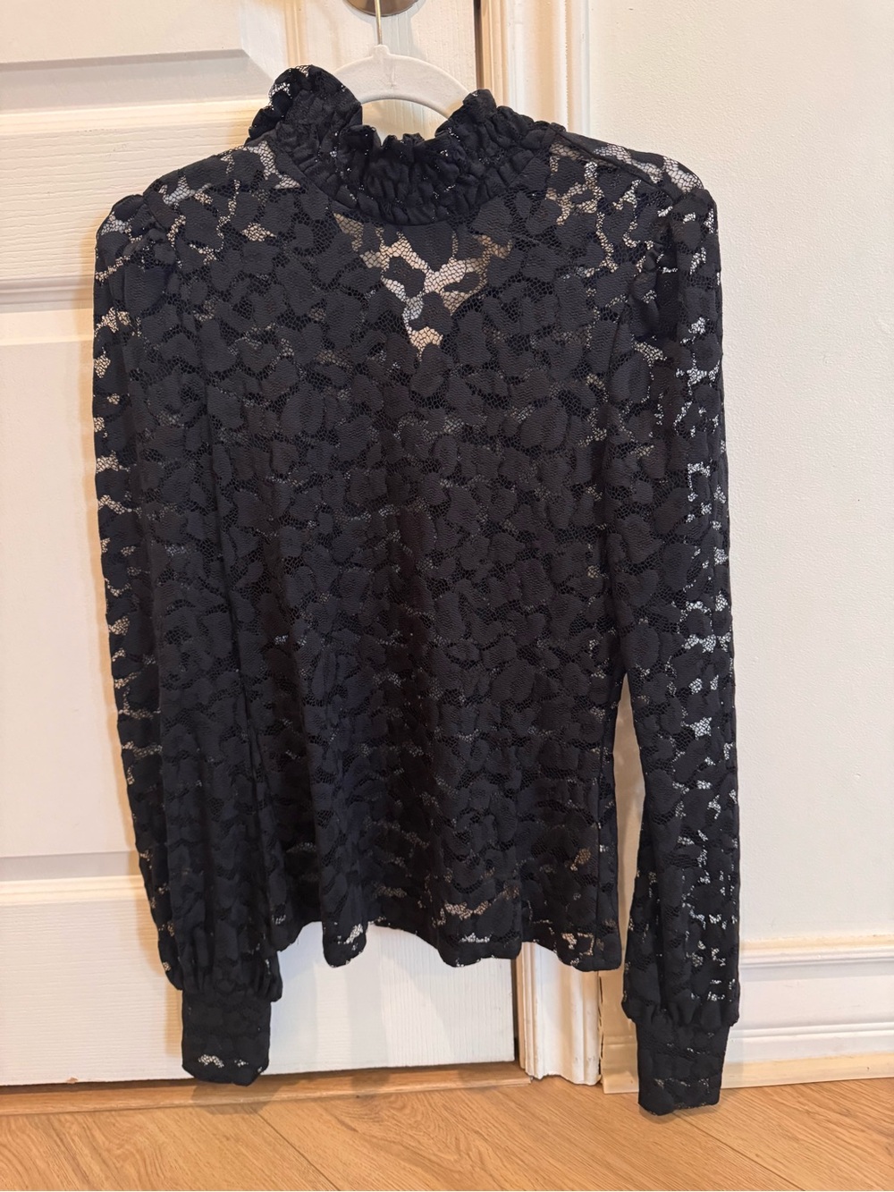 L'AGENCE Black Lace Long-Sleeve Ruffle Mock Neck Top
